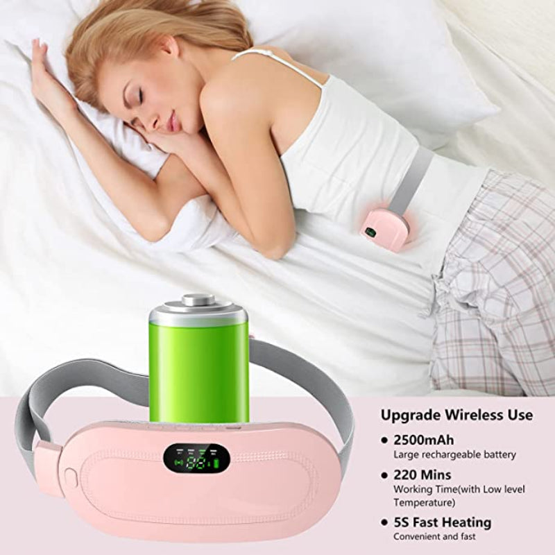 Woman with vibrating menstrual belt to relieve pain